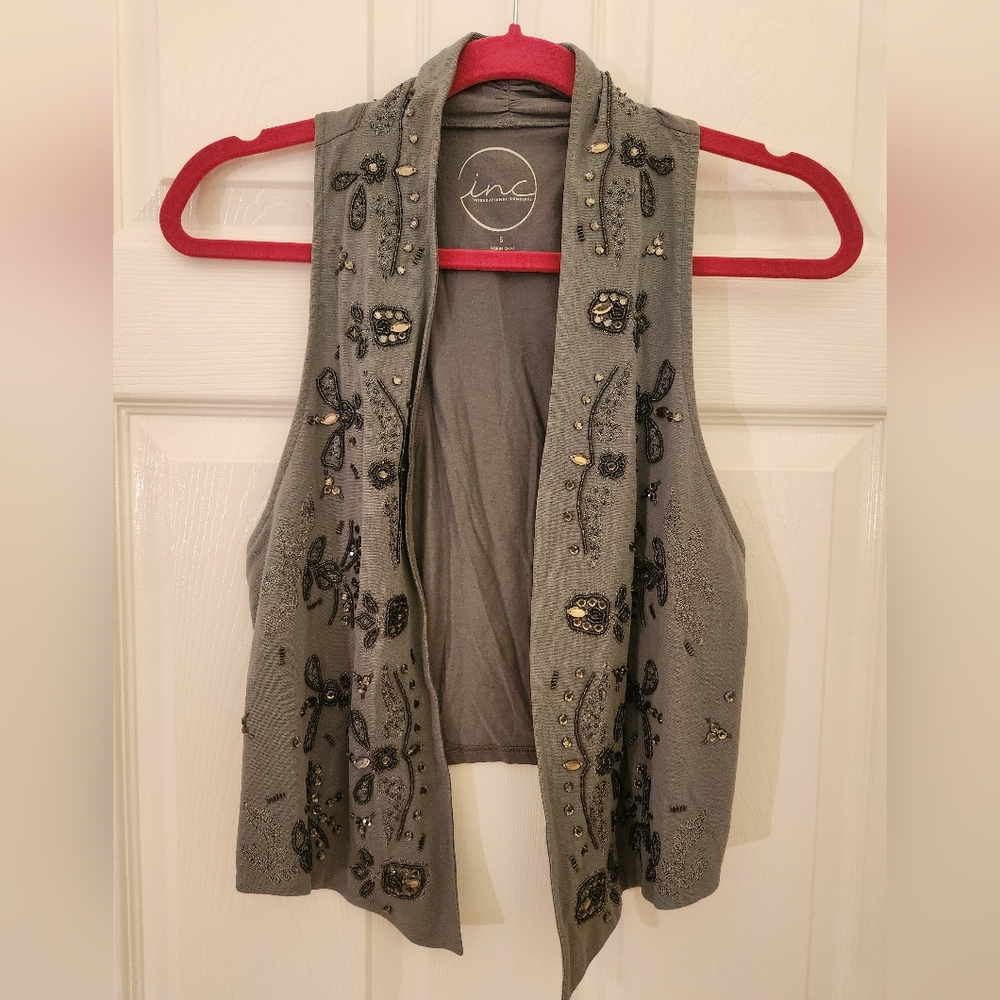 INC International Concepts Women's Embellished Gray Open-Front Vest